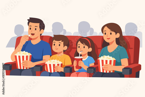 Family watching a movie, eating popcorn and drinking soda in a movie theater