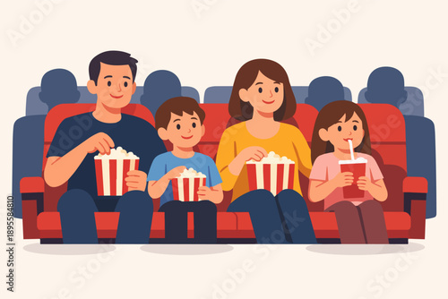 Happy family enjoying movie together, eating popcorn and drinking soda in cinema