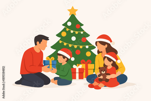 Family celebrating christmas, giving gifts and enjoying holiday togetherness