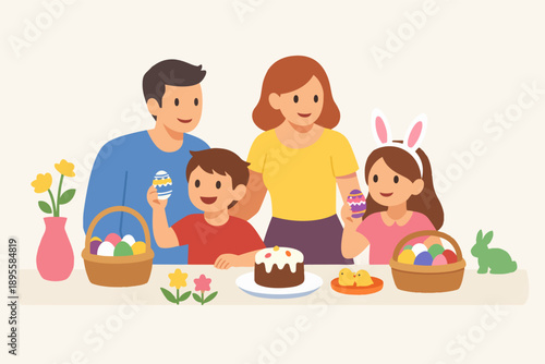 Family celebrating easter having fun decorating eggs and enjoying springtime