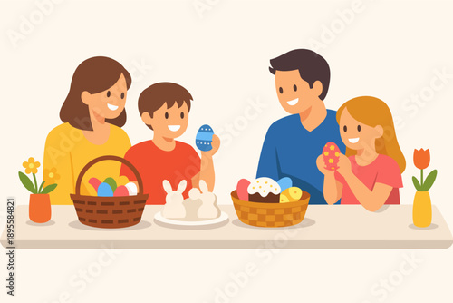 Family enjoying easter celebration, decorating eggs and sharing holiday traditions