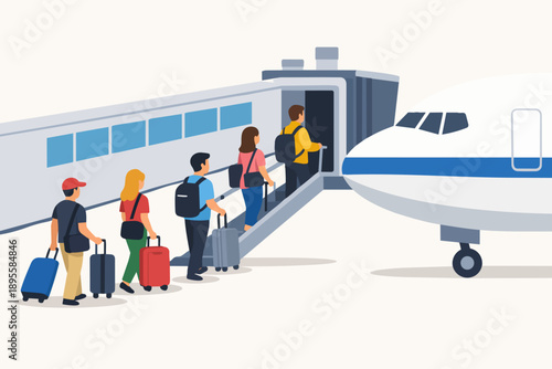 Travelers with luggage walking on a jetway to board a commercial flight