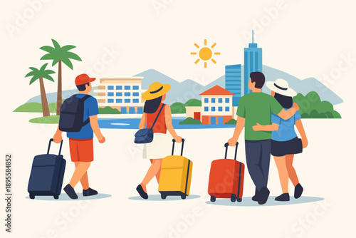 Tourists arriving at resort or hotel for summer vacation and adventure trip