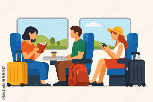 People traveling, commuting, or vacationing by public transport in a train car