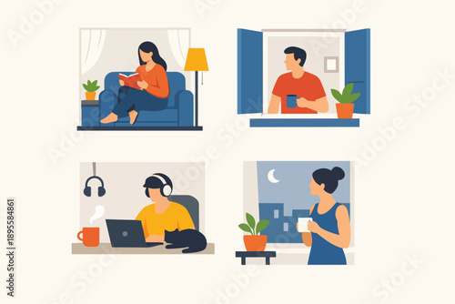 People staying home engaging in daily activities during lockdown or self-isolation