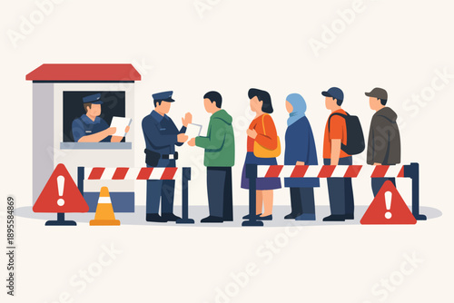 People queueing for immigration checks at a border crossing with security personnel