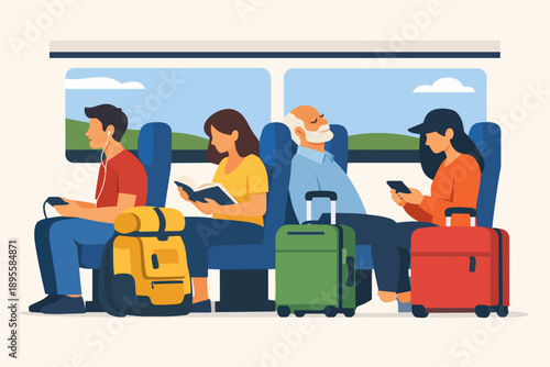 Passengers traveling by train, commuting, reading, sleeping, and using mobile phones