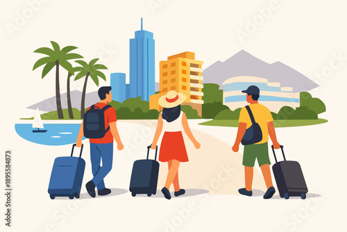 Tourists arriving at a resort destination carrying luggage for a summer vacation