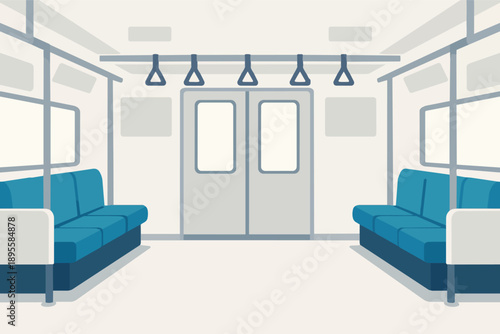 Subway train car interior with empty seats, public transportation and commute concept