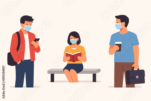 People maintaining social distancing during global health crisis wearing face masks