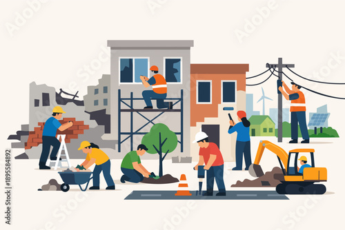 Construction workers rebuilding destroyed buildings and developing urban infrastructure