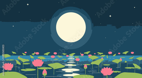 Full Moon Rising Above Water Lilies.