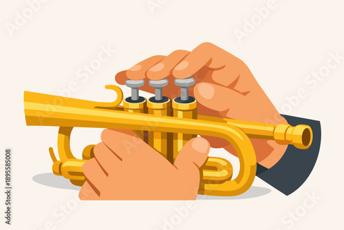Hands playing golden trumpet, a brass musical instrument for jazz orchestra performance