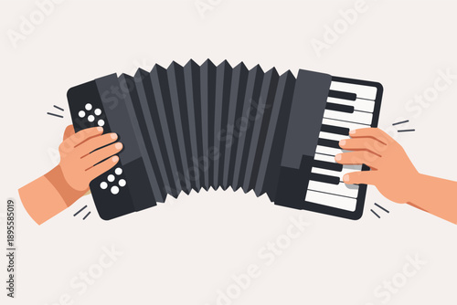 Hands playing accordion, creating music with keyboard and buttons, illustration
