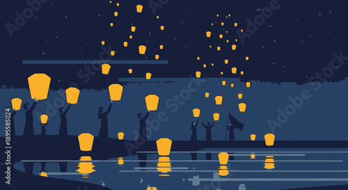 Glowing Lanterns Floating on Dark Water Surface.