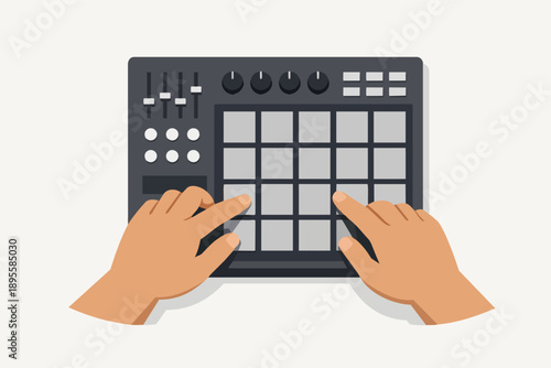 Hands creating electronic music on a drum machine sampler controller