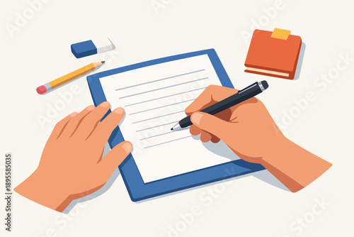 Hands writing on a lined paper clipboard with a pen, pencil, and eraser