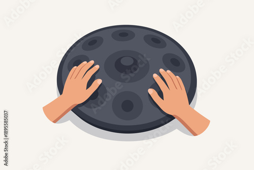 Hands playing a handpan musical instrument creating soothing melodic rhythm
