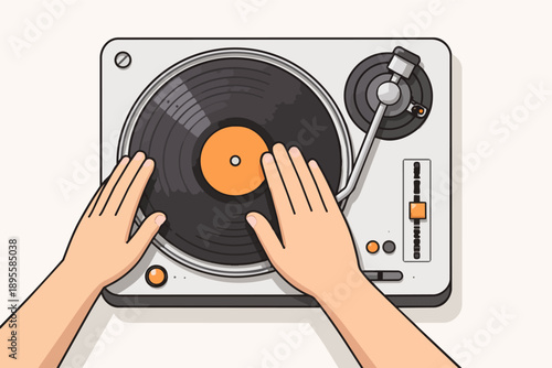 Dj hands scratching vinyl record on turntable player mixing music beats