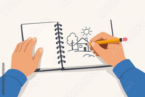 Hands sketching house nature scene with pencil in notebook, developing creativity