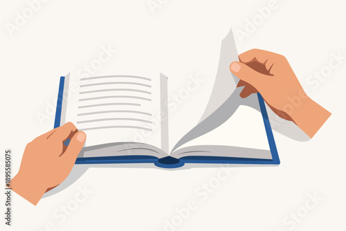 Human hands turning page of an open book, reading educational literature