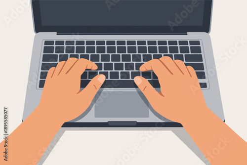 Hands typing on laptop keyboard, working, learning or communicating online