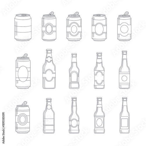 Beer Can and Bottle Line Art Icons Collection