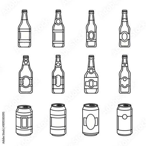 Beer Bottles and Cans Line Art Set: Refreshing Drinks Collection