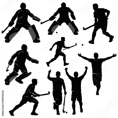Field Hockey Silhouette Set: Players and Goalkeeper Action Poses