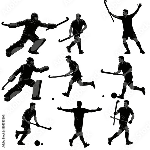 Field Hockey Player Silhouettes: Action Poses of Athletes and Goalkeeper