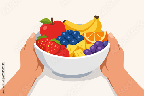 Hands holding fruit bowl, promoting healthy eating, fresh diet, and nutrition