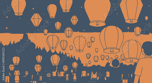 Hot Air Balloons Flying High in Night Sky.