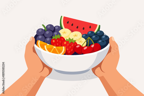 Hands holding a fresh fruit bowl, offering healthy nutrition and a balanced diet