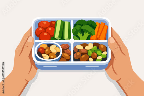 Hands holding bento lunch box with healthy balanced food portions
