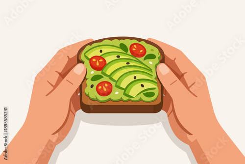 Hands holding avocado toast with sliced avocado, tomatoes, sesame seeds for healthy breakfast