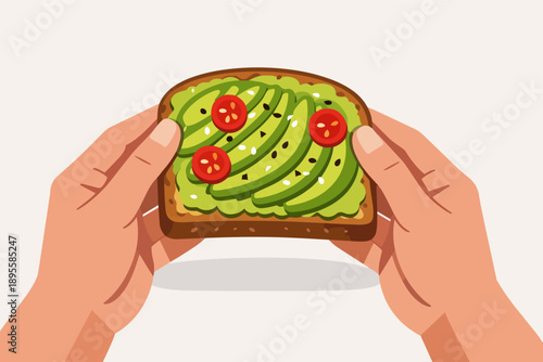 Hands holding avocado toast with cherry tomatoes and sesame seeds on whole grain bread