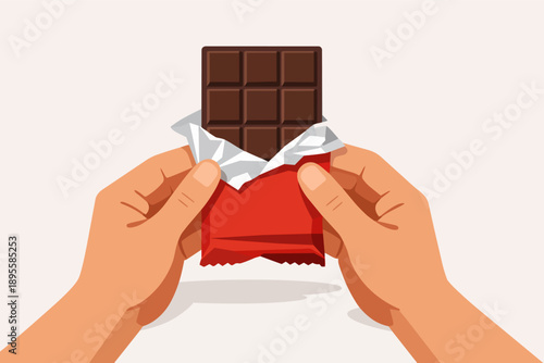 Hands unwrapping a chocolate bar, preparing to enjoy a sweet delicious treat