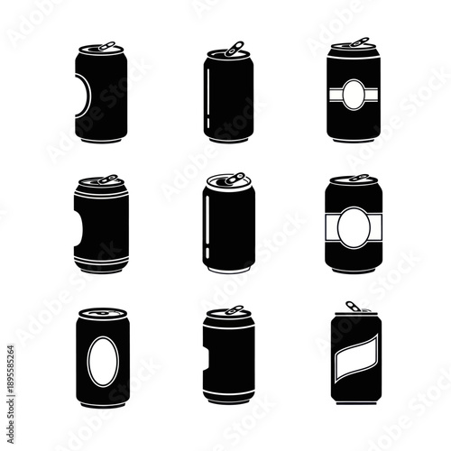 Set of black soda cans with different designs and cutouts, isolated on white