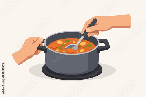 Cooking a healthy homemade soup in a pot, stirring with a full ladle