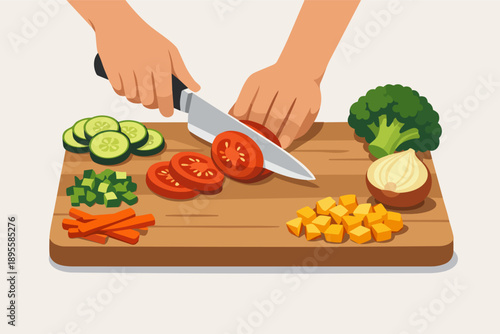 Preparing healthy meal by slicing fresh vegetables on wooden cutting board