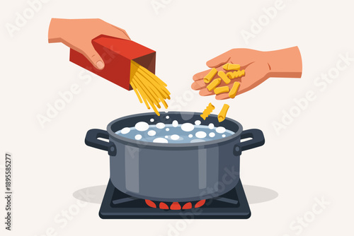 Hands adding spaghetti and macaroni pasta into a pot of boiling water on stove