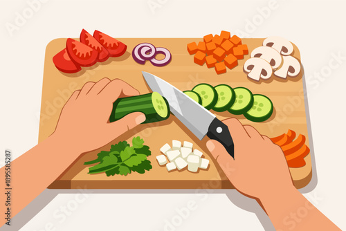 Hands chopping fresh vegetables on a cutting board, preparing healthy food meal