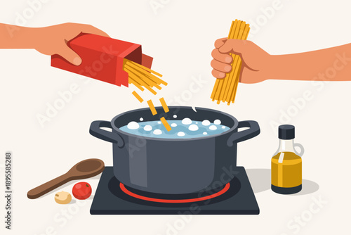 Hands adding pasta to boiling water in a pot, making a homemade italian meal