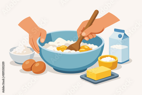 Hands mixing ingredients in a bowl for baking, preparing dough or batter