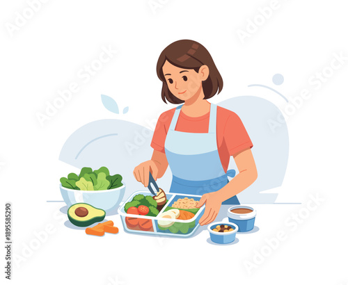 Woman preparing healthy meal with fresh ingredients, flat vector illustration