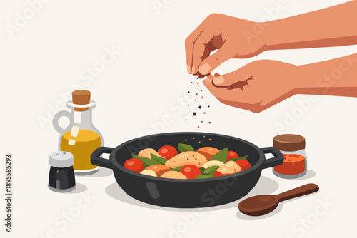 Hands seasoning a meal in a pan, preparing a healthy recipe with fresh ingredients