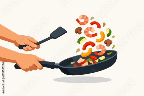 Chef hands cooking fresh shrimp and vegetables, preparing a healthy stir-fry dish
