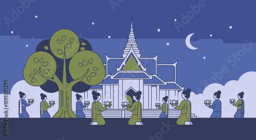 Illustration of People Walking Near Temple at Night.
