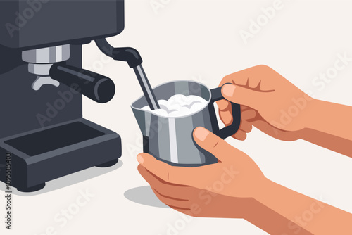 Barista frothing milk using espresso machine steam wand for latte art preparation