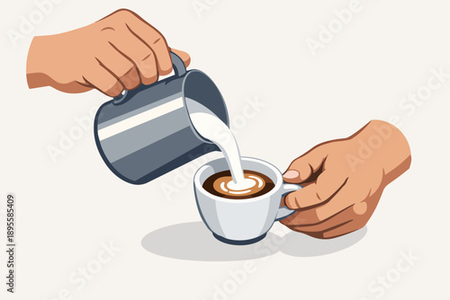 Barista hand pouring steamed milk from pitcher creating latte art in coffee cup